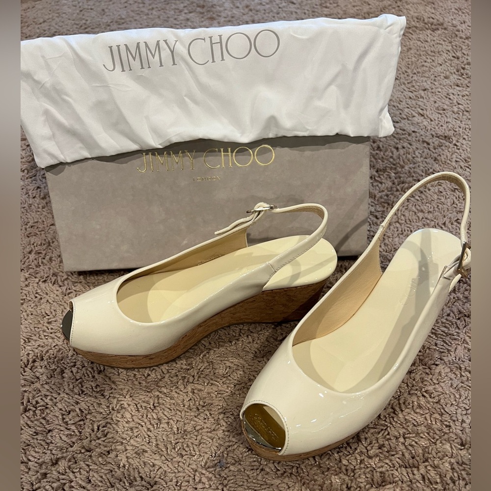White patent leather Jimmy Choo slingbacks